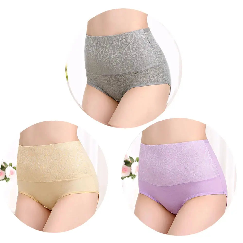 Plus-size high-waist cotton panties 3-piece set in gray, beige, and lavender