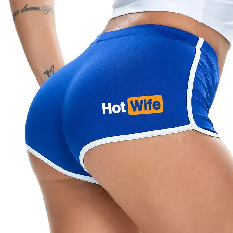 Blue Hot Wife athletic shorts with white piping and visible logo on the back