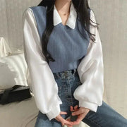 Summer Blouse For Women Korean Style False Two Piece Polo Collar Blouses Y2K Tops Streetwear Loose Fit Elegant Shirt
