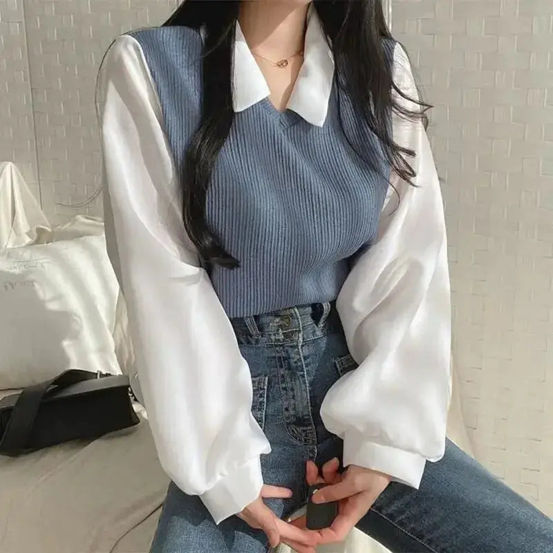 Summer Blouse For Women Korean Style False Two Piece Polo Collar Blouses Y2K Tops Streetwear Loose Fit Elegant Shirt