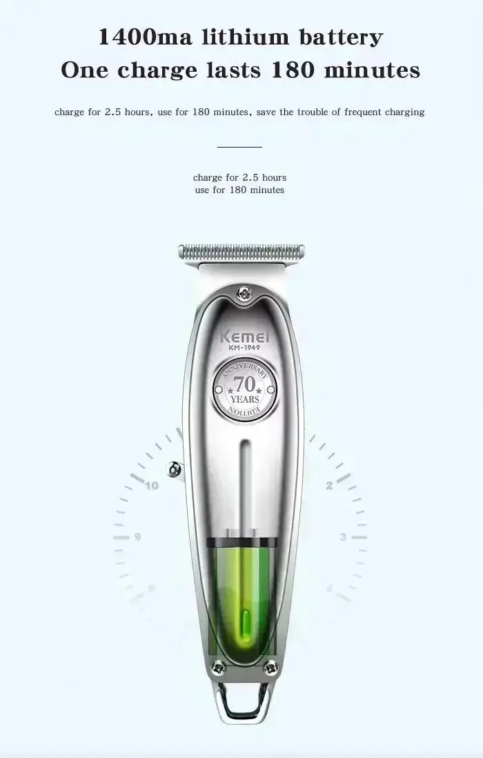 Kemei KM-1949 professional metal-body clipper by Simples Market; cordless shaver in silver with green chamber