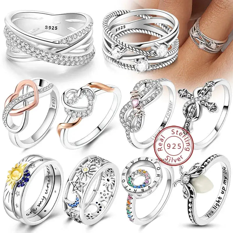 925 Sterling Silver Rings Bow Heart Star Sun Moon Zircon For Women Jewelry Birthday Anniversary Gifts