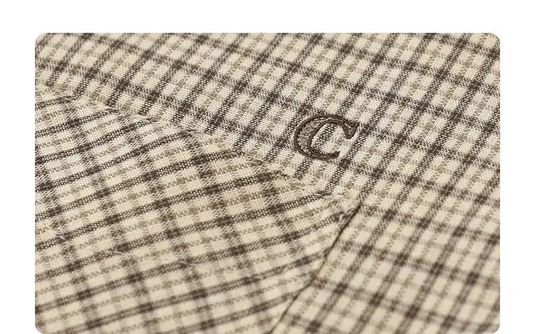 CHIC VEN women's shirt in beige-brown plaid with embroidered C logo, loose single-breasted blouse