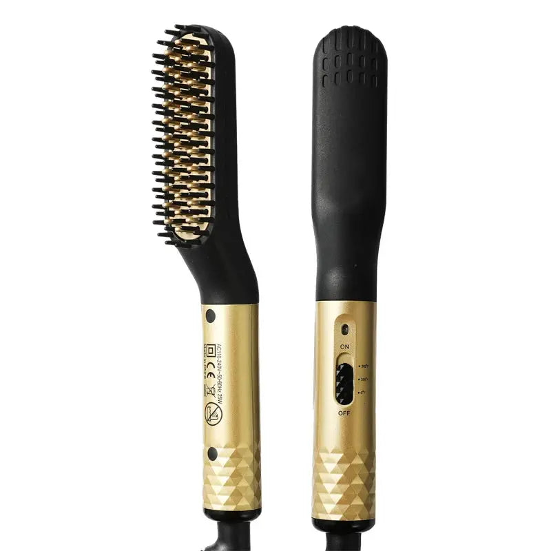Simples Market hot comb straightener; gold handle with black brush head, 2-piece beard/hair styling set