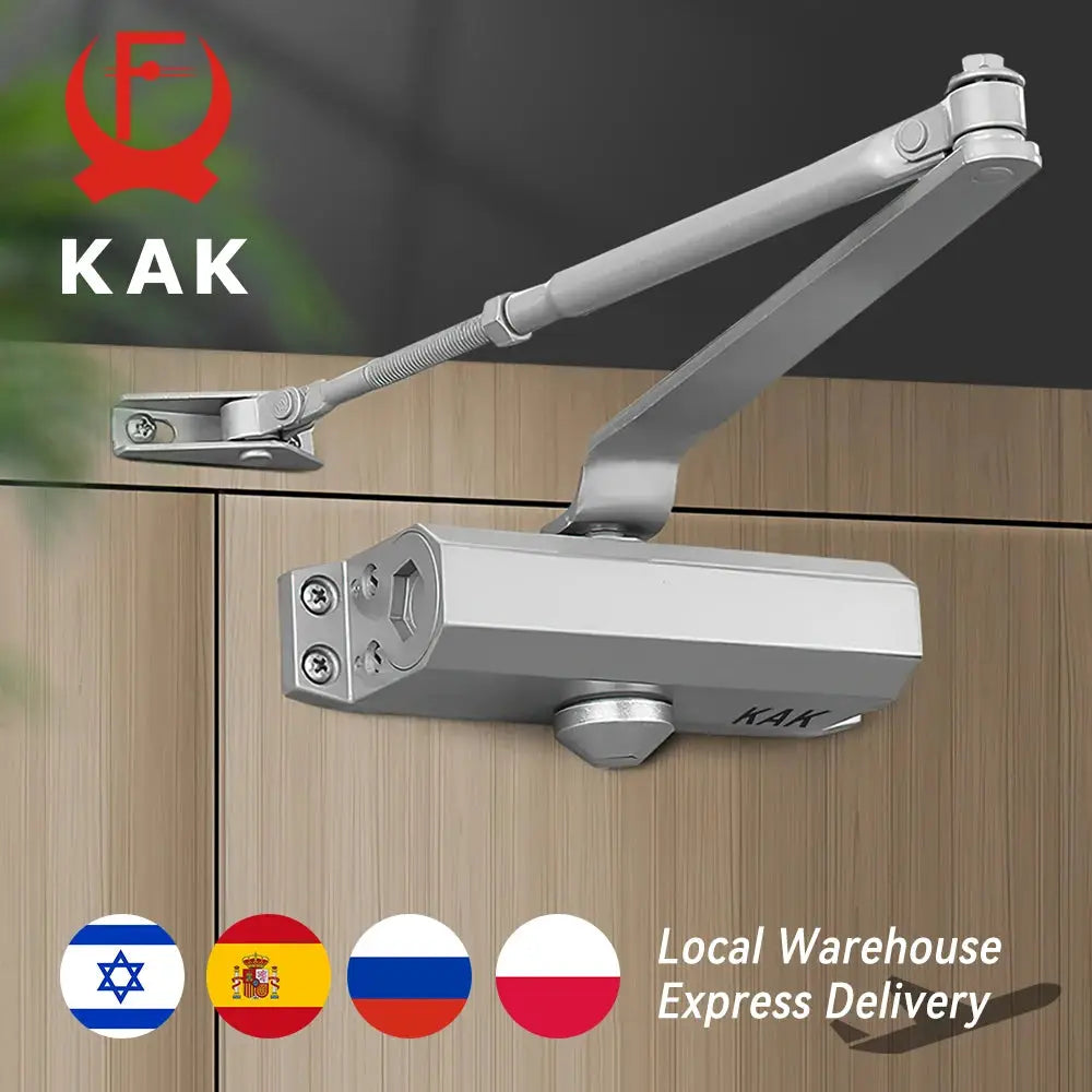 KAK hydraulic door closer with adjustable speed for 25–80 kg doors, Simples Market, silver metal hardware