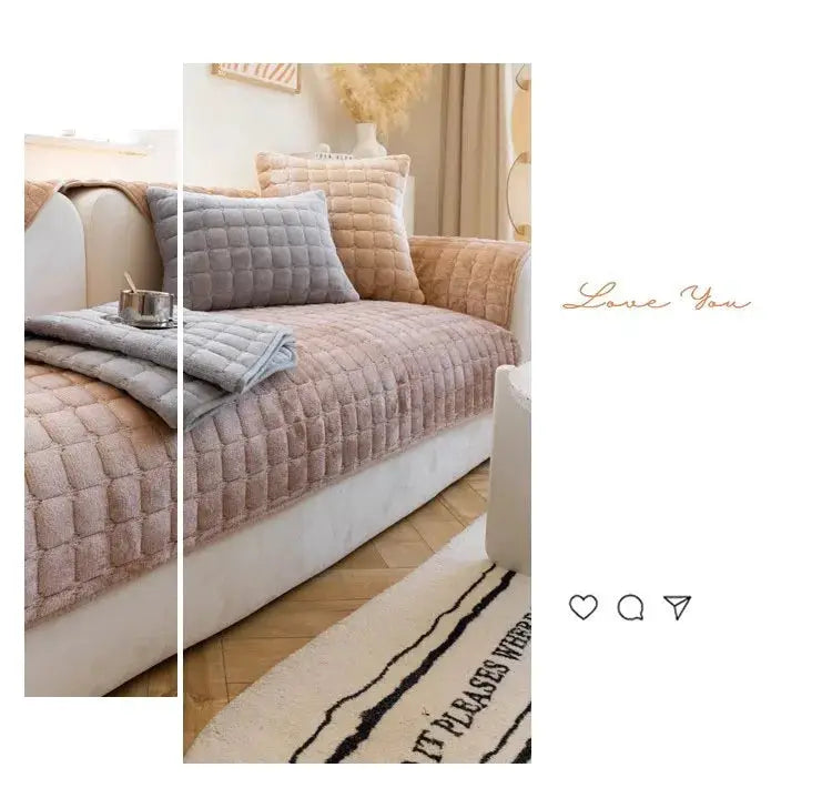 Plush plaid velvet sofa cushions in pink and grey with non-slip backing on a beige sofa