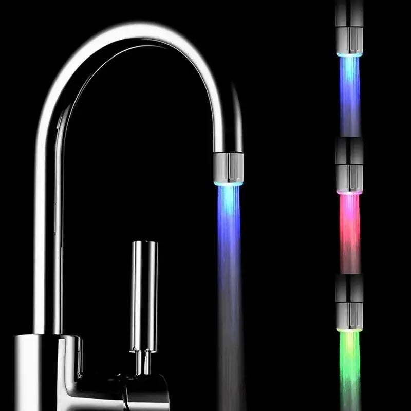 LED faucet head glow water-saving aerator with 3-color-changing lights for kitchen or bathroom, chrome finish.