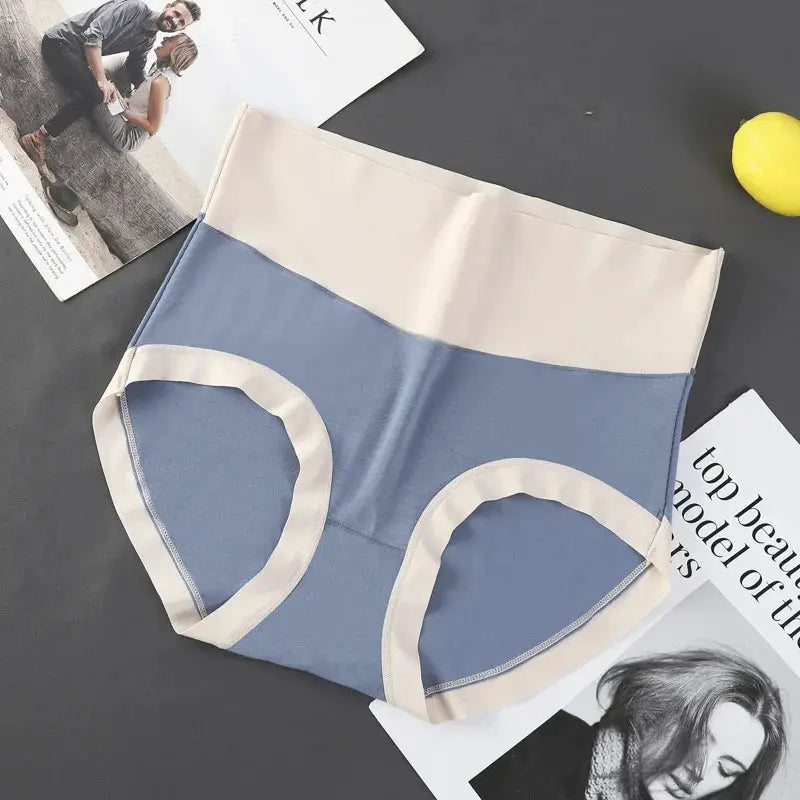 Women's panties 6-piece set, high-waisted tummy-tuck triangle underwear in beige and blue modal fabric.