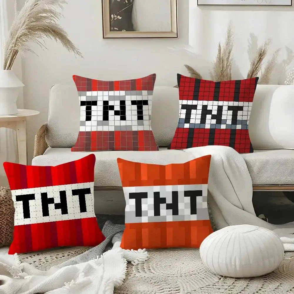TNT block pillow covers set of five in red/orange pixel grid, short plush, double-sided printing.