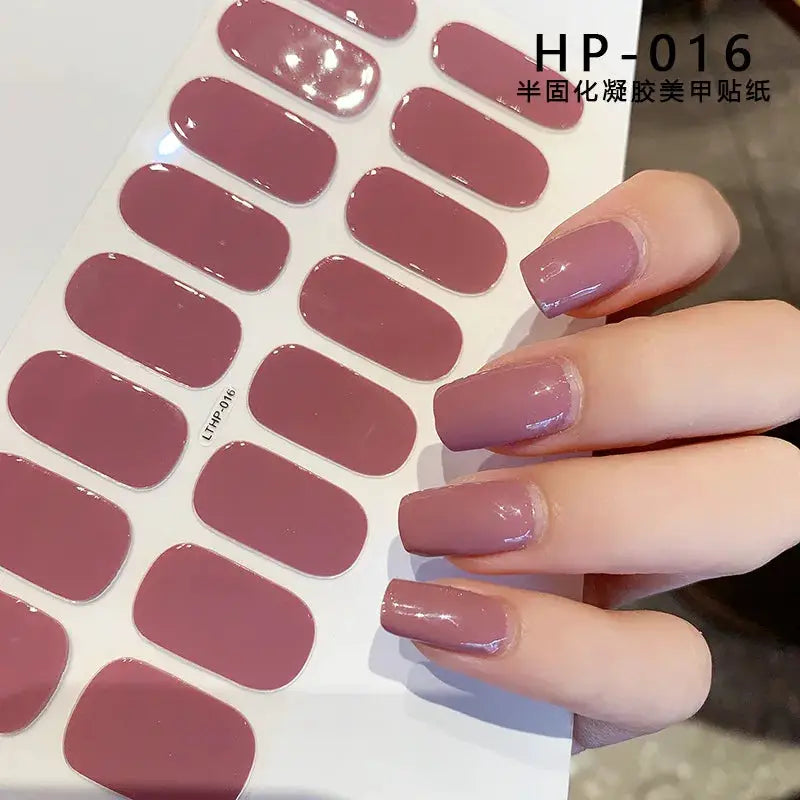 Semi-cured gel nail sticker sheet in mauve; full-cover adhesive wraps for UV lamp manicures