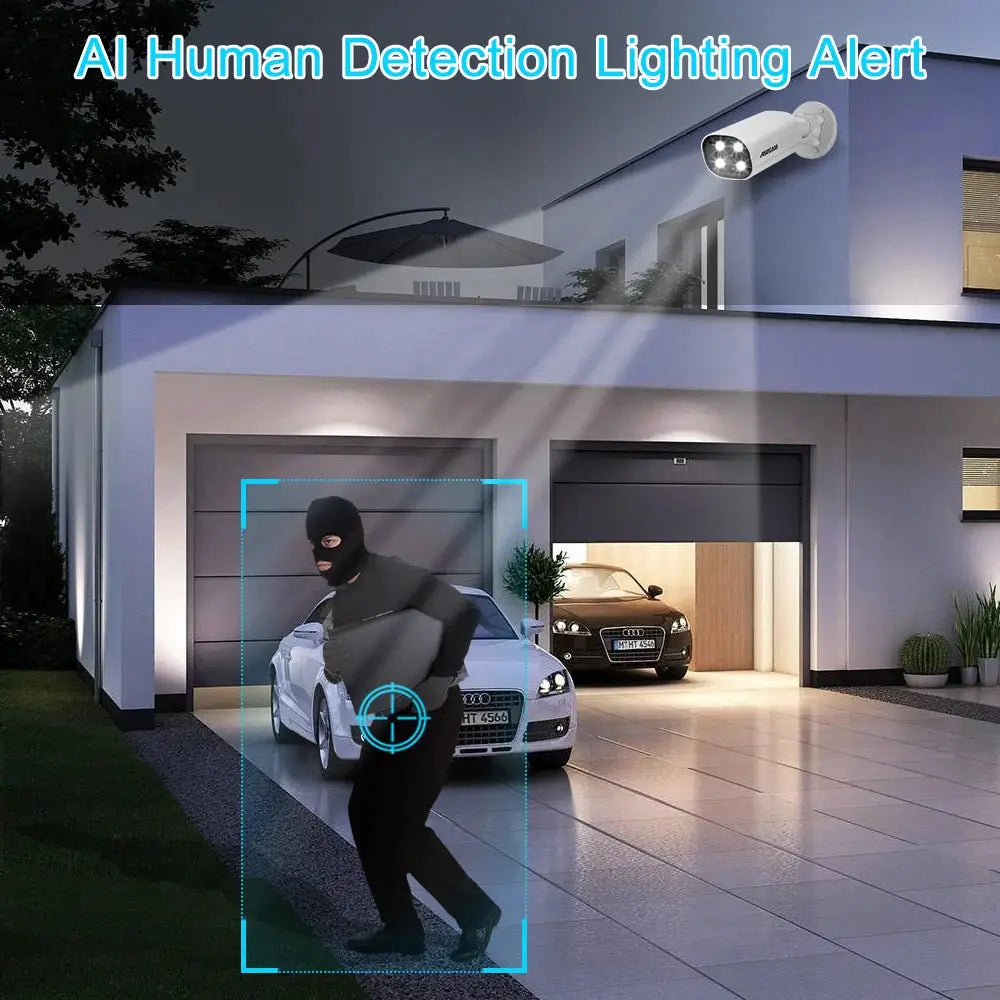 ASECAM 8MP POE IP outdoor security camera with AI human detection and dual light by Simples Market, scene shows two cars