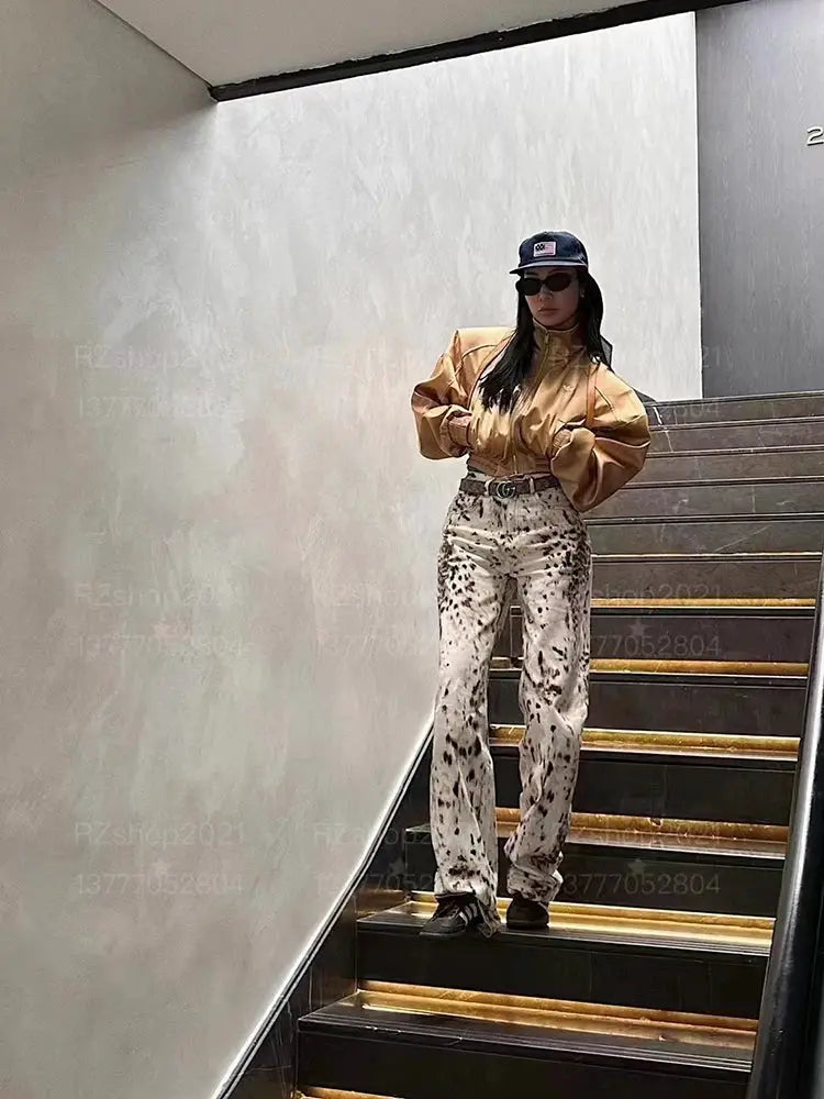 Baggy Wide Leg Jeans Women High Waisted Leopard Print Y2K Denim