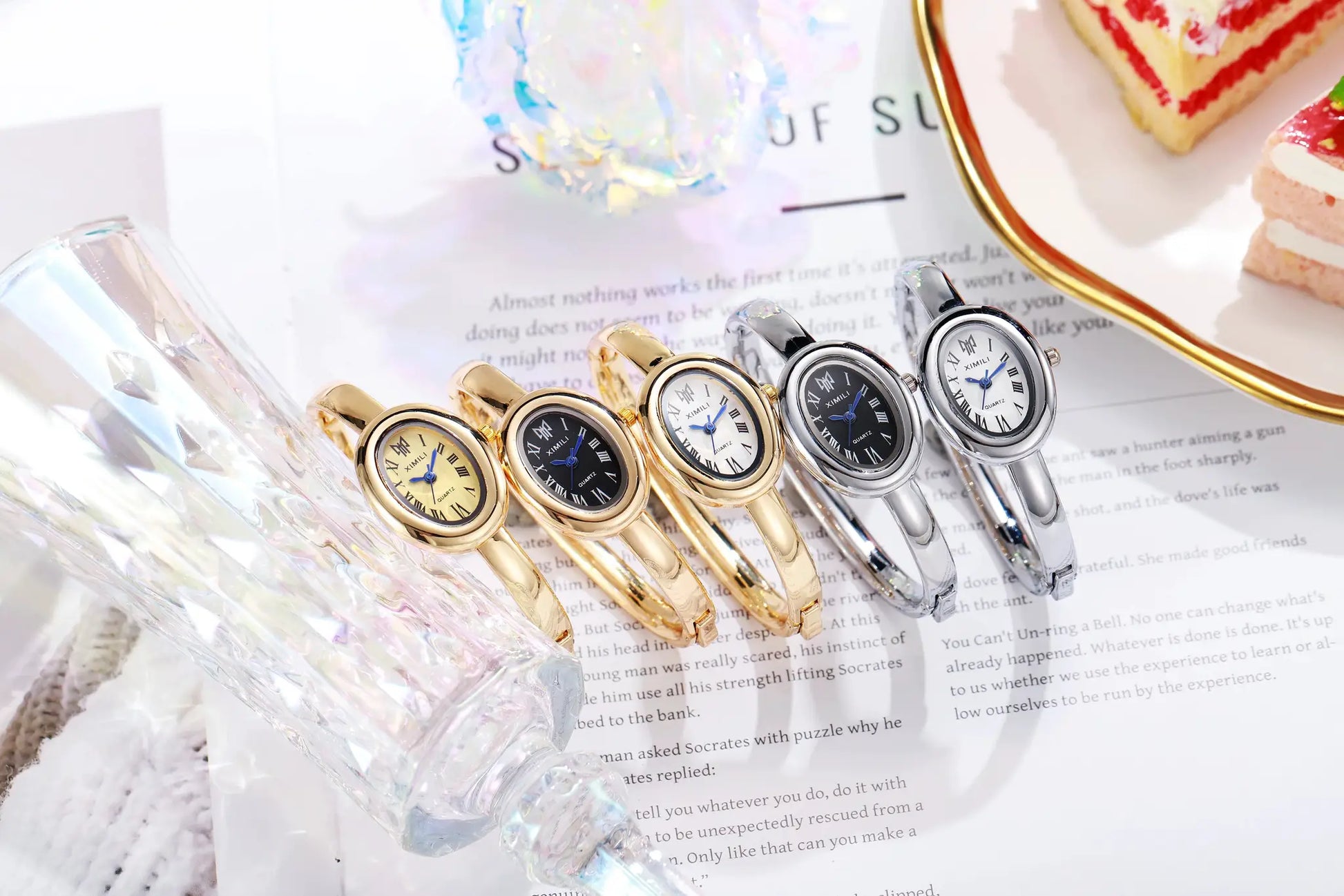 XIMILI women's luxury quartz wristwatches, gold and silver-tone metal bands with Roman numeral faces