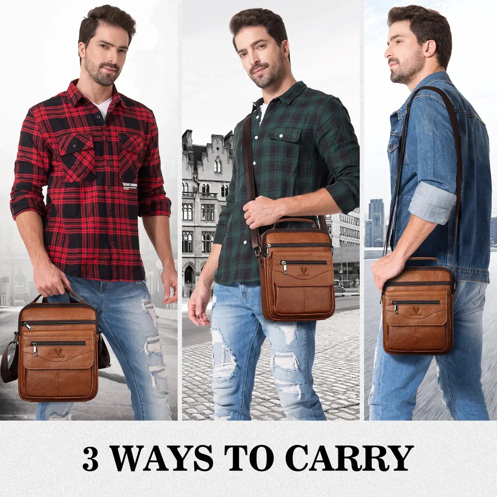 HUMERPAUL genuine leather small messenger bag for men in brown with crossbody strap and front pockets