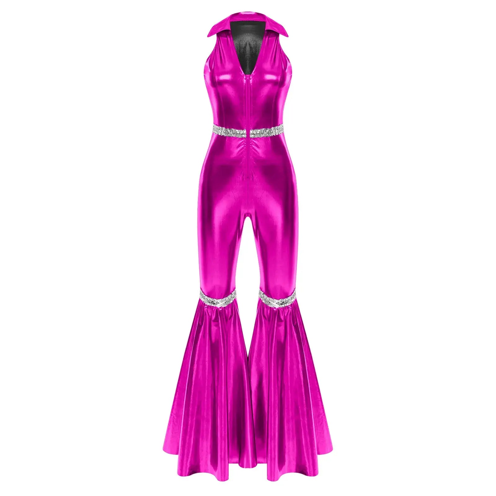 Pink metallic 70s disco jumpsuit with V-neck, sleeveless, front zipper, rhinestone belt, bell-bottom legs