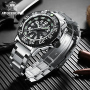 ADDIESDIVE men's quartz watch, stainless steel strap, black dial, orange bezel, luminous markers, 50m water resistance