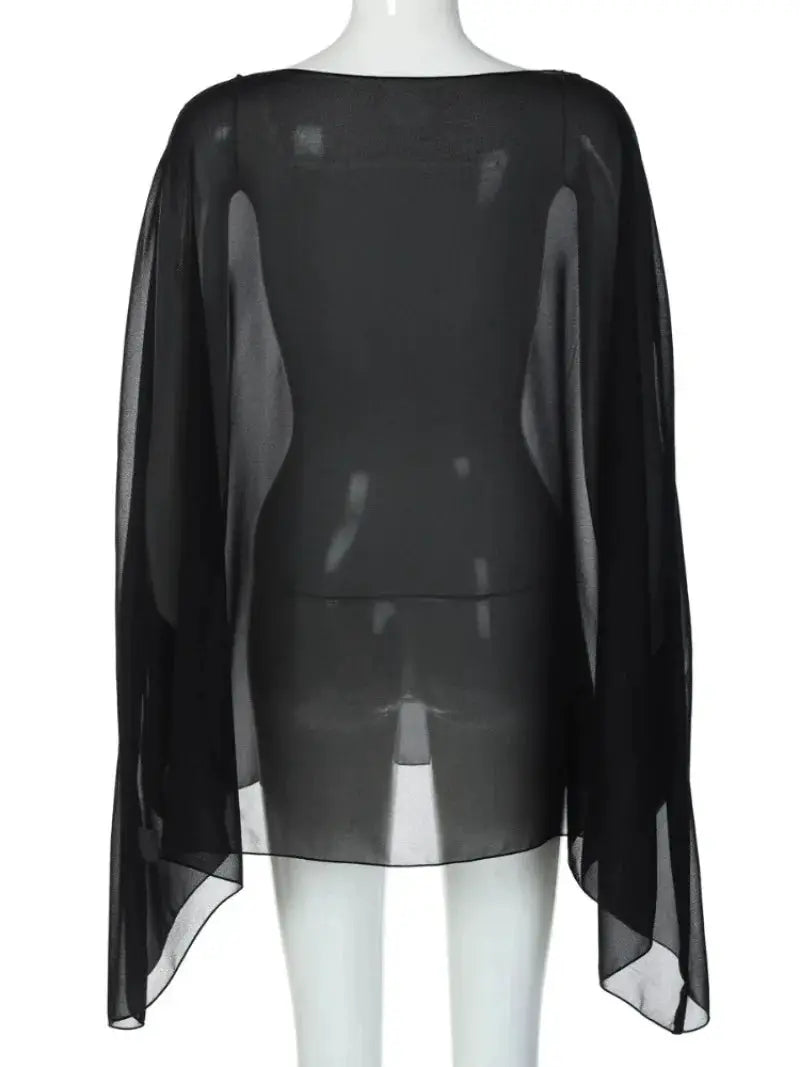 Black see-through chiffon blouse with long sheer sleeves for women