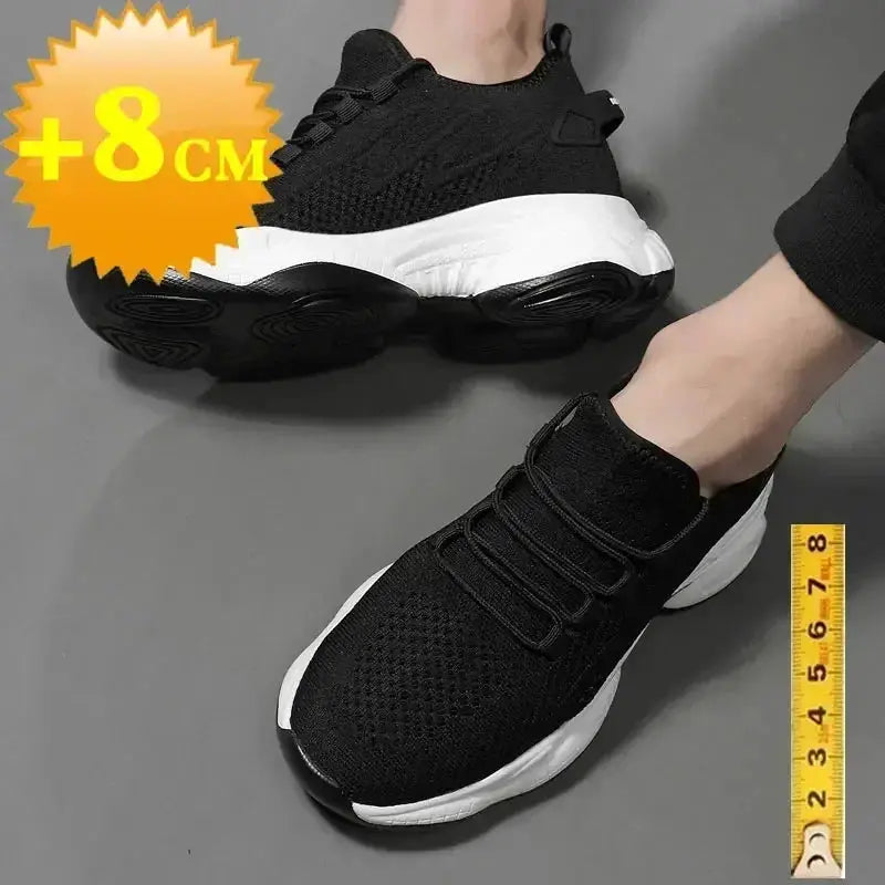Pair of black knit height-increasing sneakers with white chunky sole, 8 cm elevation