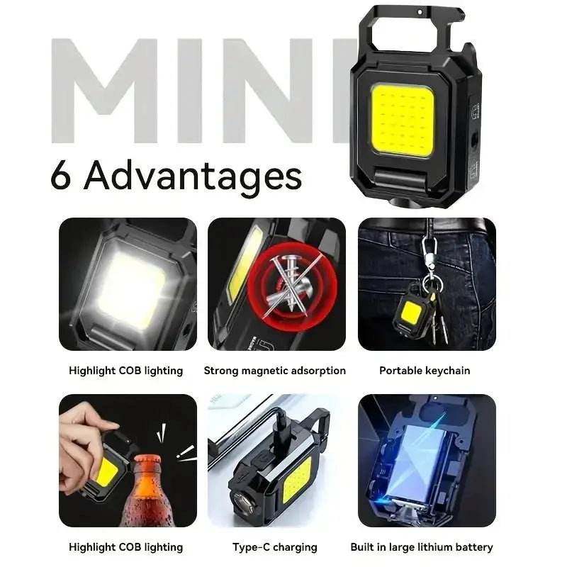 Mini keychain flashlight from Simples Market with COB LED, USB rechargeable and 90° foldable side lights