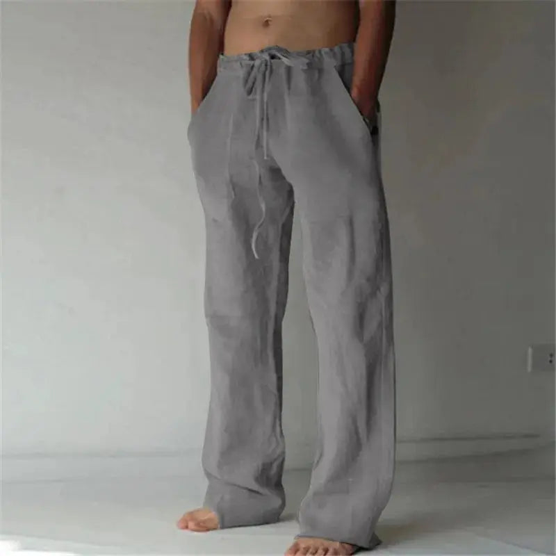 Linen Wide Men Pants by Simples Market, gray oversized drawstring casual streetwear trousers.