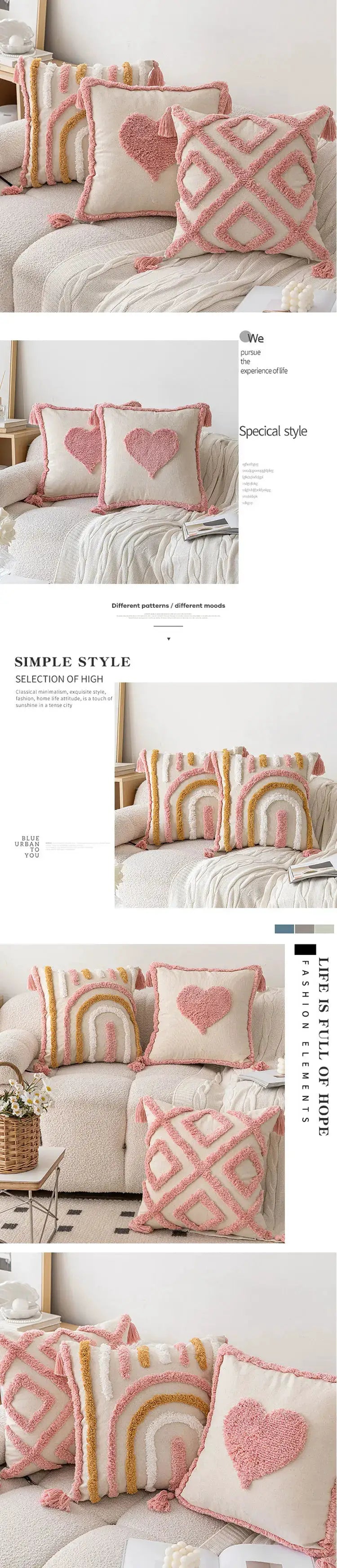 Pink cotton tufted pillow covers with tassels for sofa, decorative boho cushions