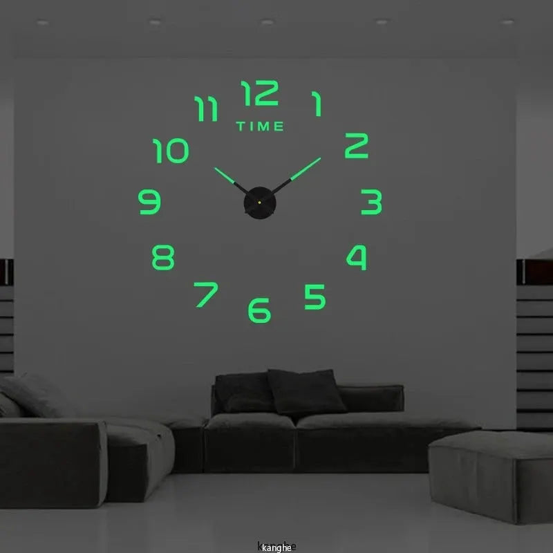 Large wall clock with glowing green acrylic mirror numerals for modern living room decor.