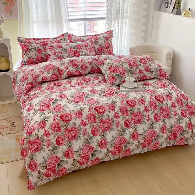 Simples Market floral duvet cover set with pink roses and zipper closure; 3-piece includes duvet cover and 2 pillowcases