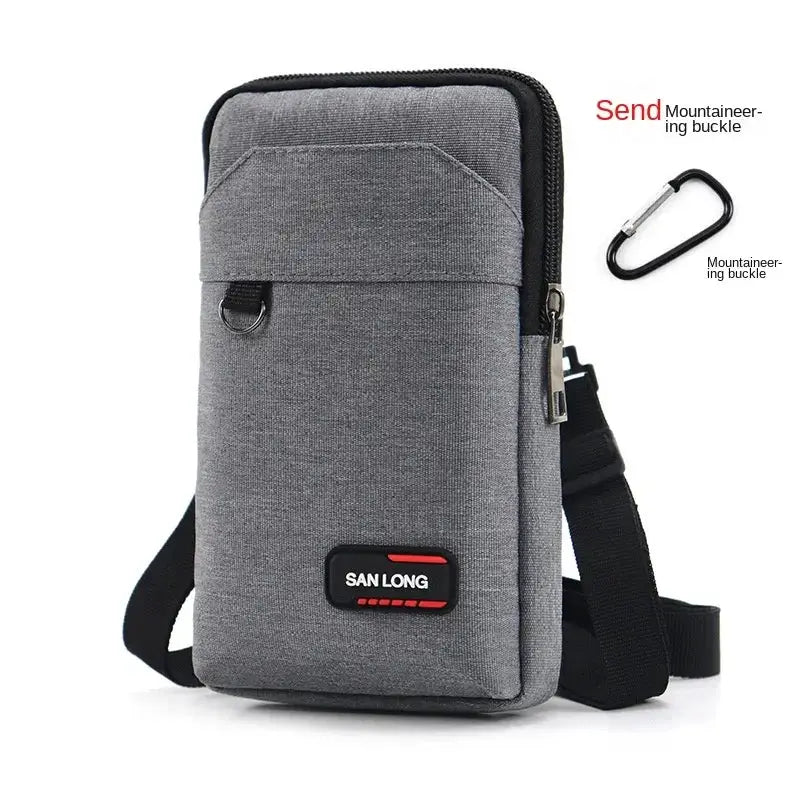 Men's waterproof tactical waist pack; gray crossbody bag with phone pouch and San Long logo