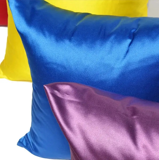 Satin pillow covers set in blue, yellow and purple for sofa or chair decor