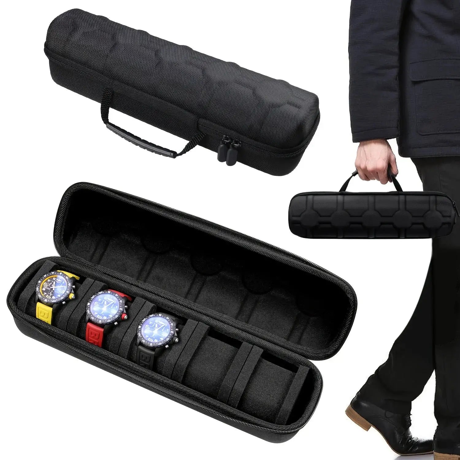 TravelGuard 5 Slot Watch Case Hard Shell Travel Organizer With Pillow Insert For Smart Watches Gift Ready Black