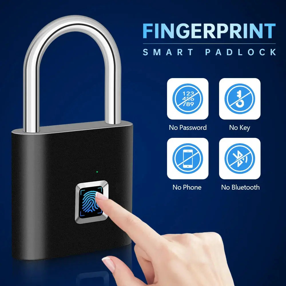 KERUI fingerprint smart padlock; black body with silver U-shaped shackle
