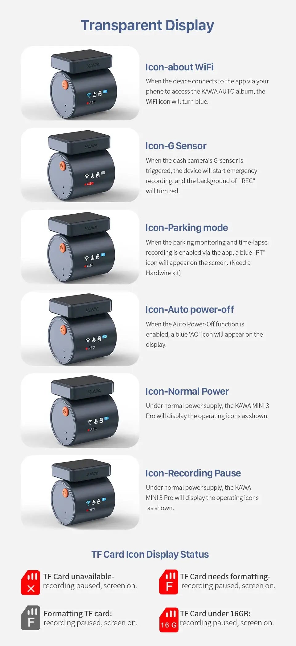 2K KAWA Mini 3 Pro car dash cam with black cylindrical body and orange power button