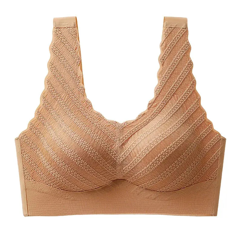 Seamless wireless sports bra nude beige ribbed fabric with wide straps, sizes M-XXXL