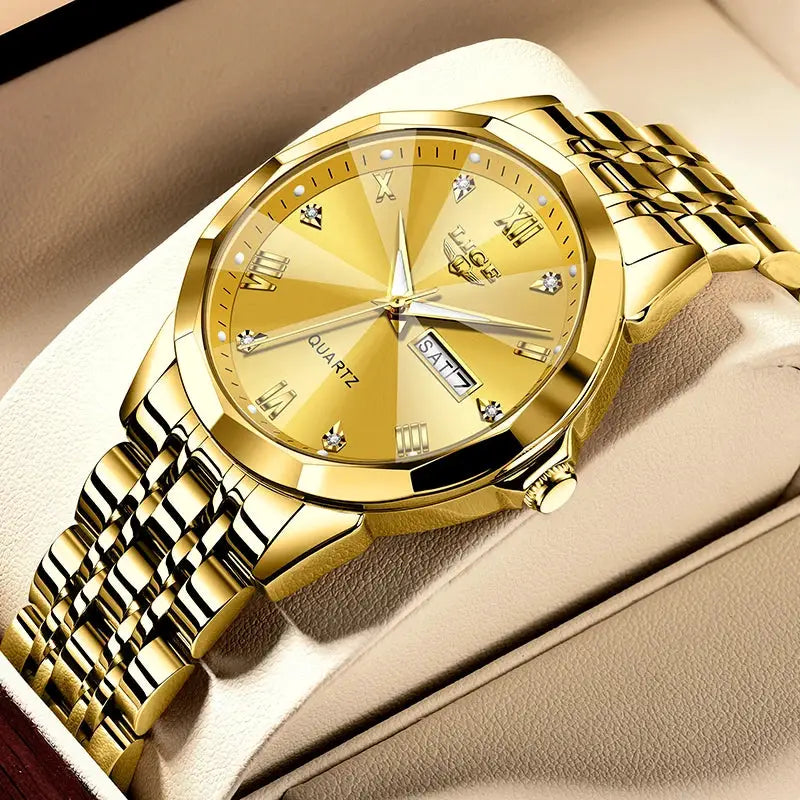 LIGE gold-tone quartz women's wristwatch with day/date window and diamond markers on a polished gold bracelet