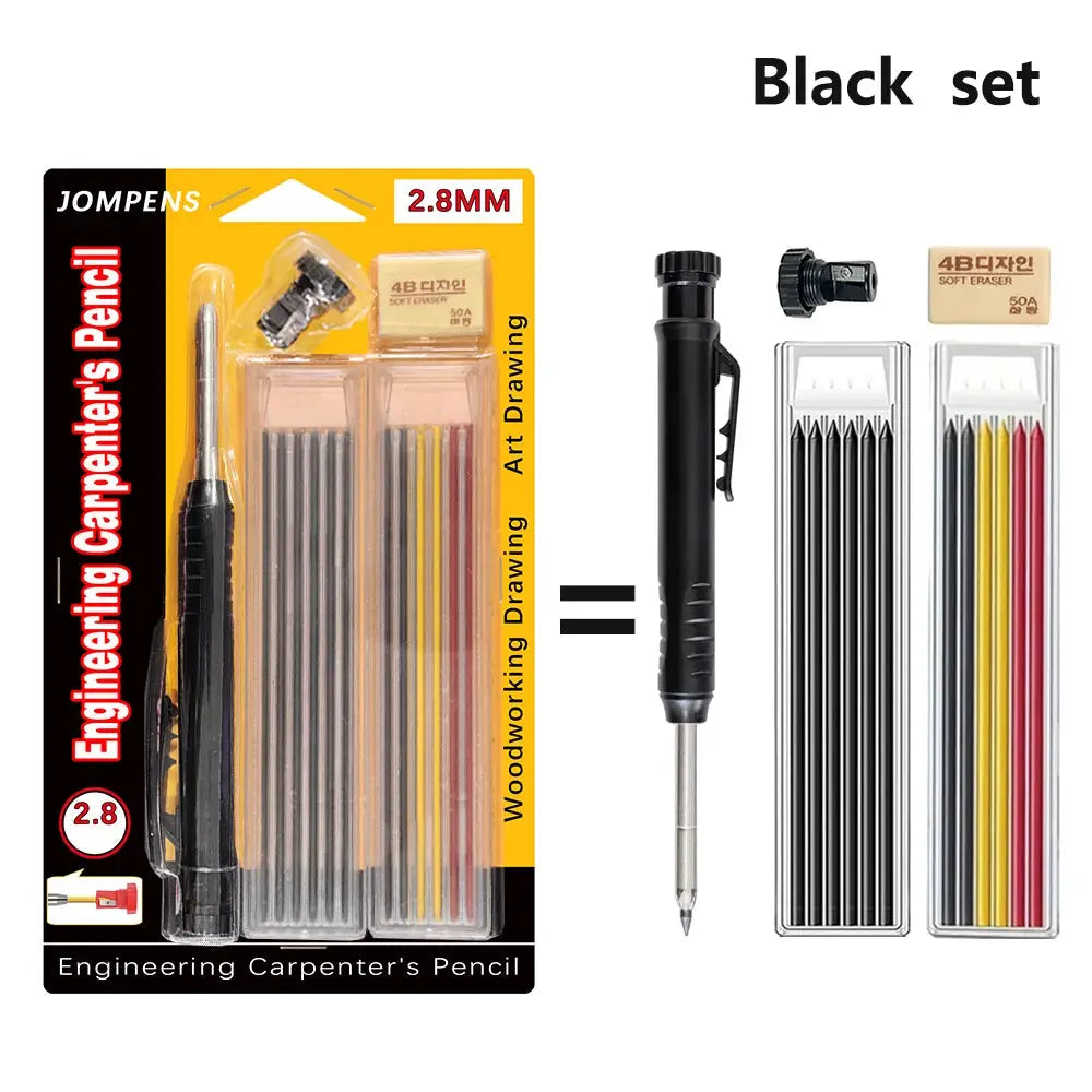 Carpenter pencil set with 2.8mm cores; black kit with multiple colored pencils and built-in sharpener