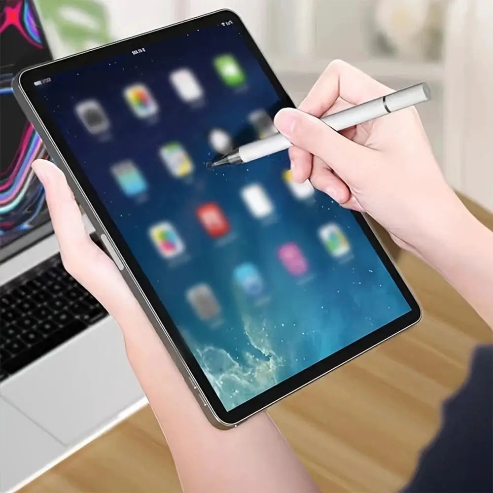 Universal stylus pen with a silver aluminum body for touch screens on tablets and smartphones