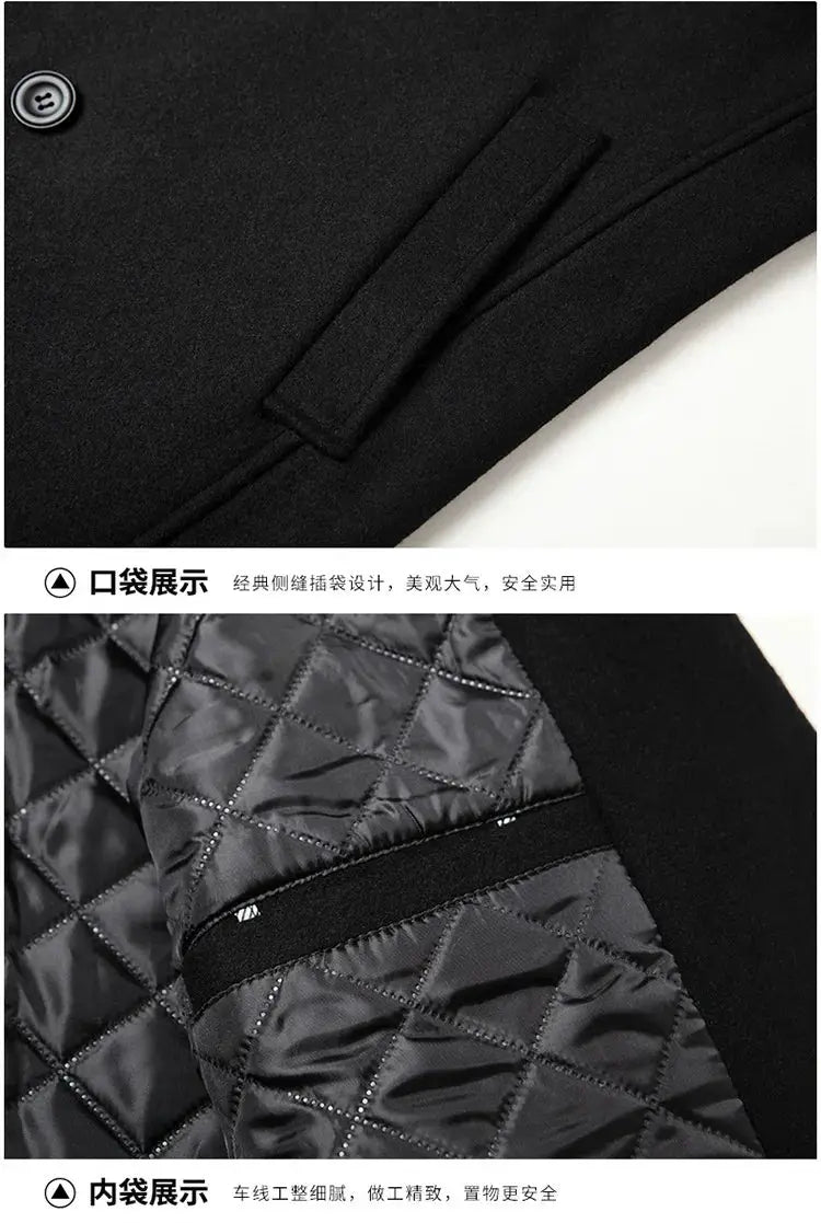 Simples Market black wool double-breasted men's coat with quilted lining for autumn and winter warmth
