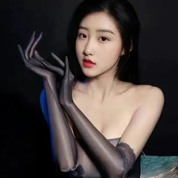 Oil Slick Shine Ultra Thin Women Elbow Length Transparent Glossy Gloves Elastic Fit Clubwear