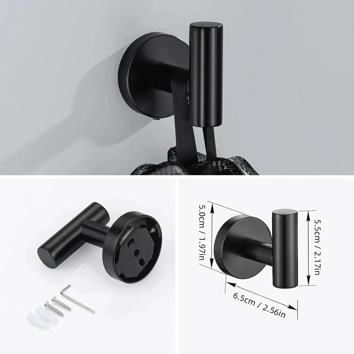 Simples Market black stainless steel bathroom hardware set; wall-mounted towel bar, towel ring, and toilet paper holder.