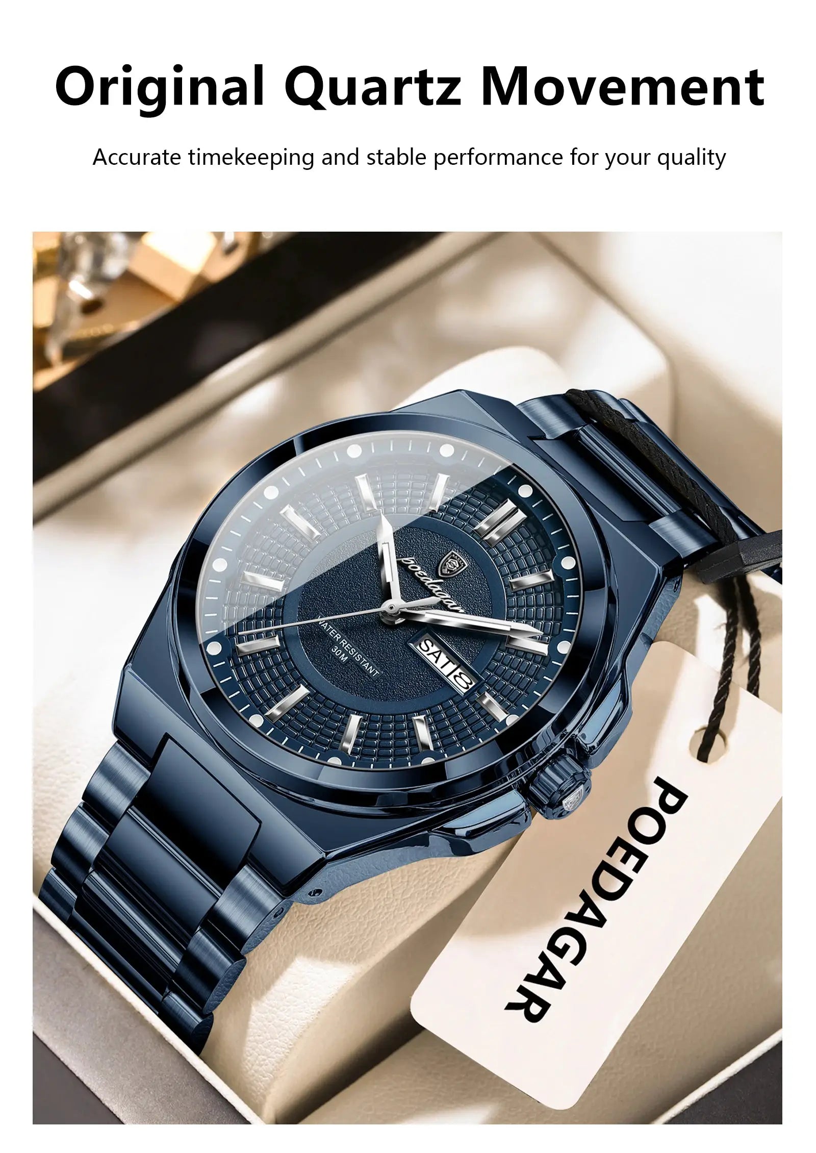 POEDAGAR sport men's blue stainless steel quartz wristwatch with date window and luminous hands in a display box