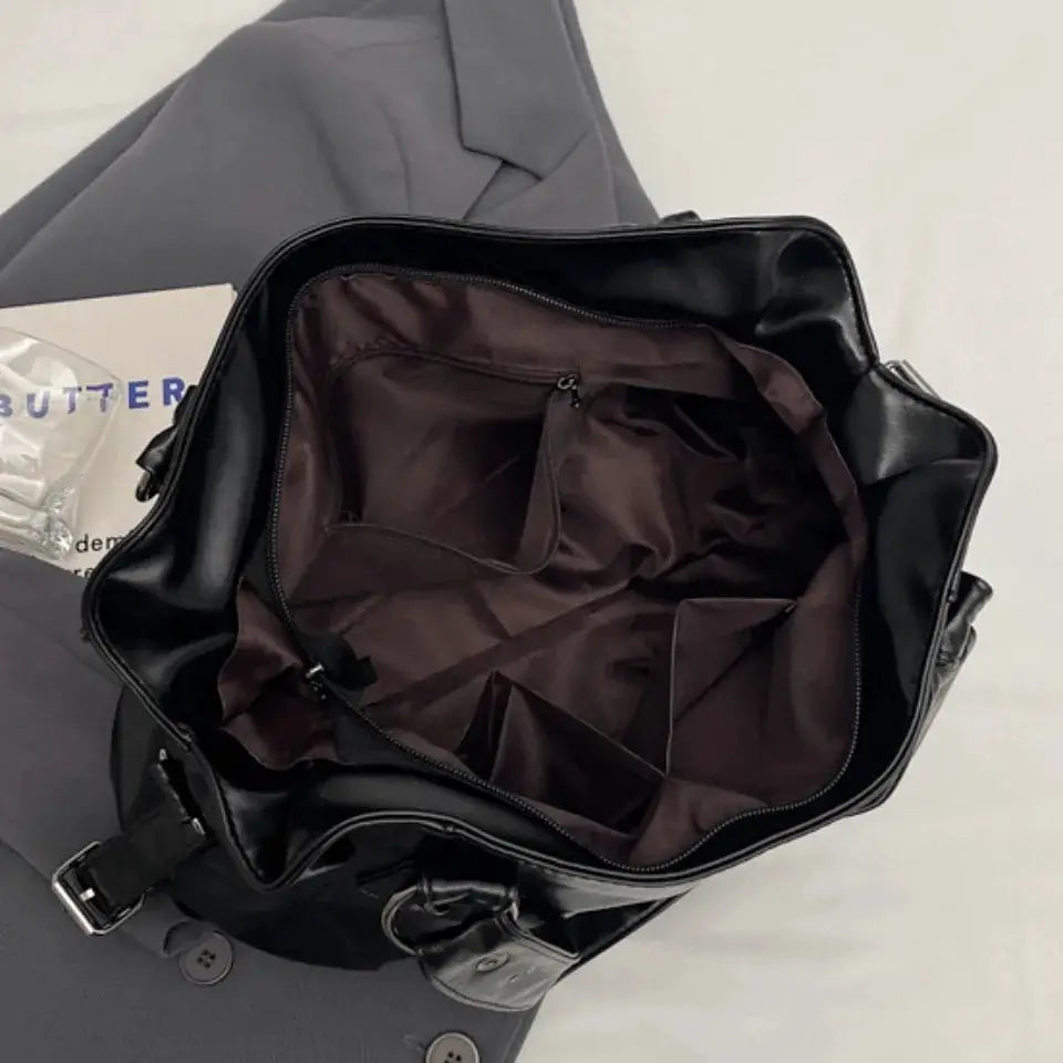 Retro Brand roomy crossbody shoulder bag by Simples Market, black PU leather with brown lining, large-capacity interior