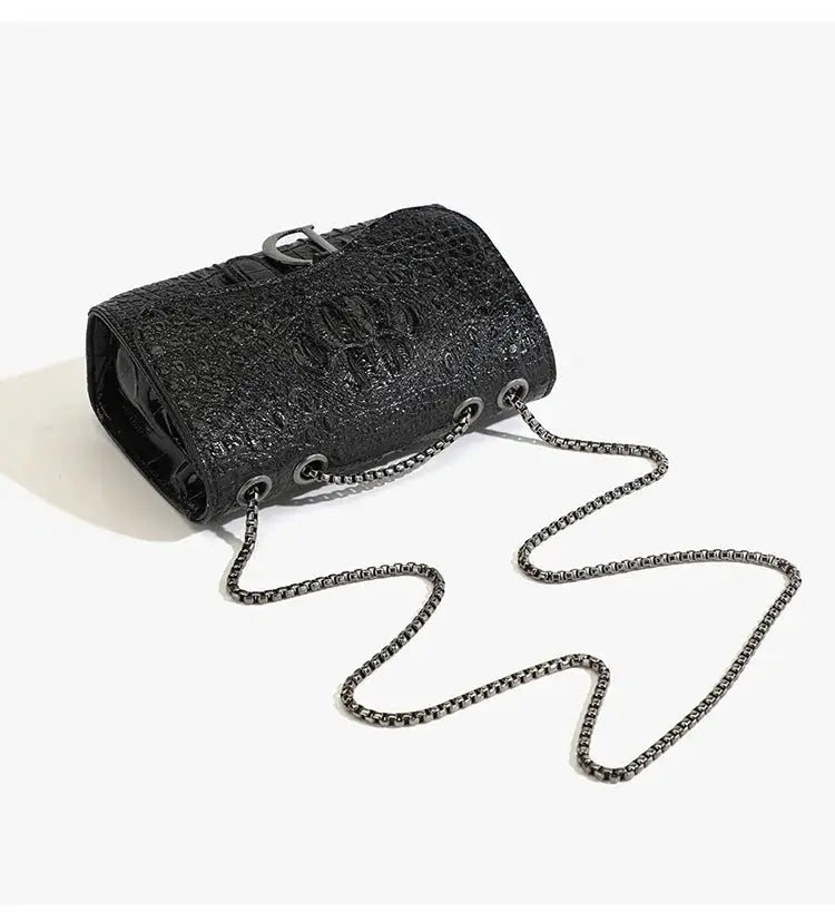 Simples Market women's black sequined crossbody handbag with metal chain strap.