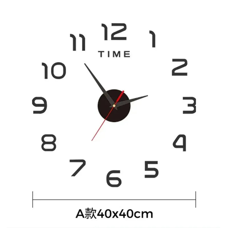 3D DIY silent wall clock sticker in black numerals with red second hand, punch-free 40x40 cm