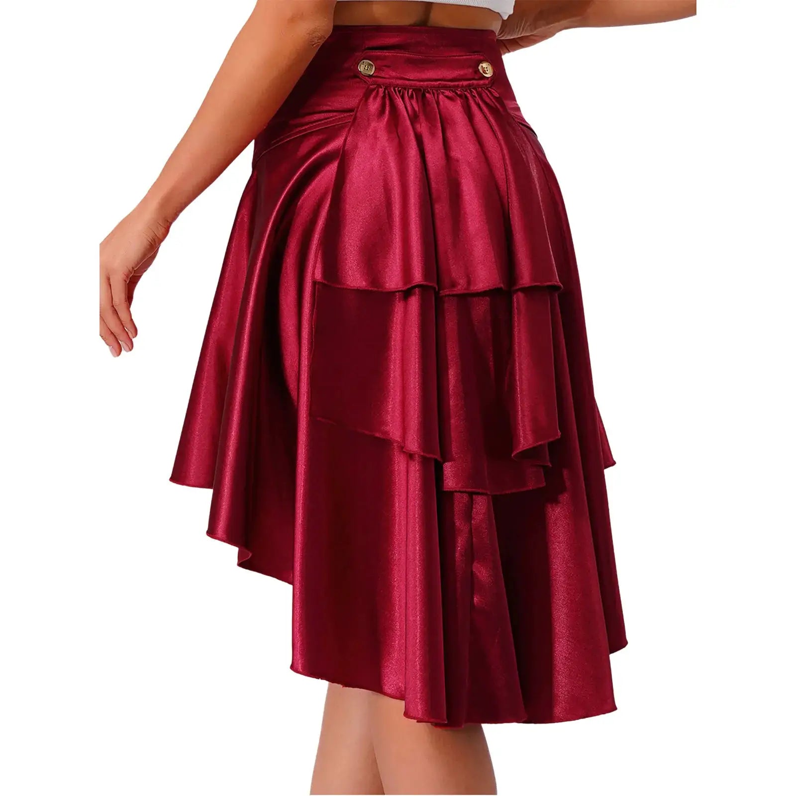 Womens satin Gothic Steampunk pirate skirt with waist belt, gold buttons, and tiered ruffle layers in burgundy