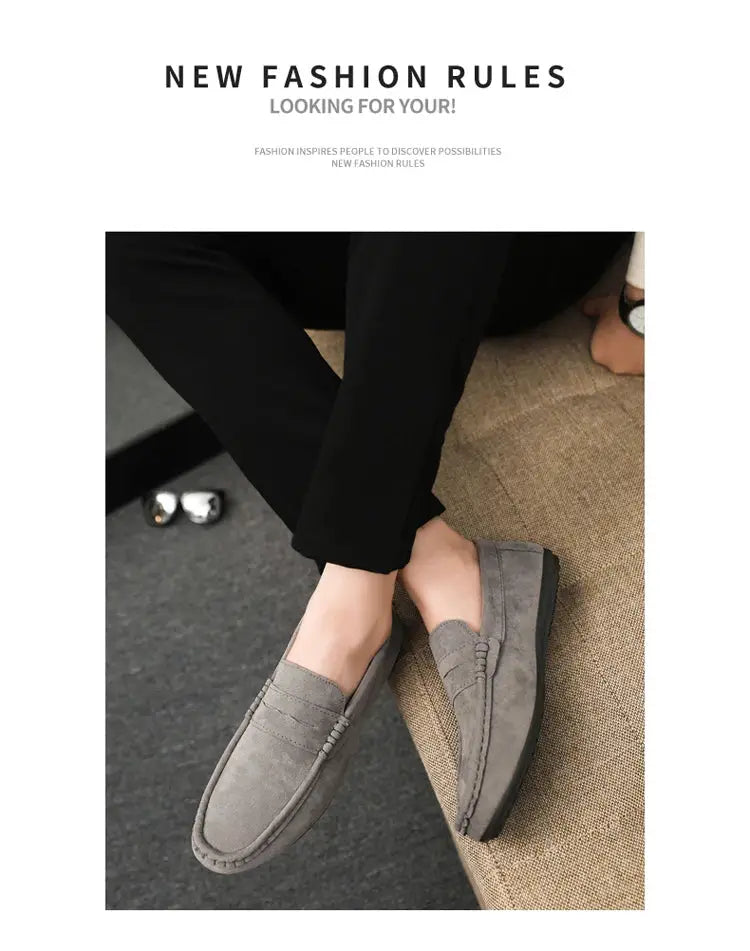 Men's grey suede driving loafers, a pair of versatile casual work shoes