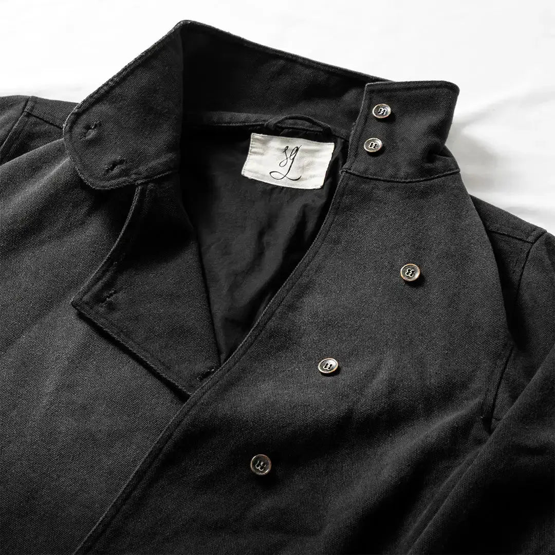 Simples Market Y2K fencing jacket in black canvas cotton with irregular metal buttons and stand collar