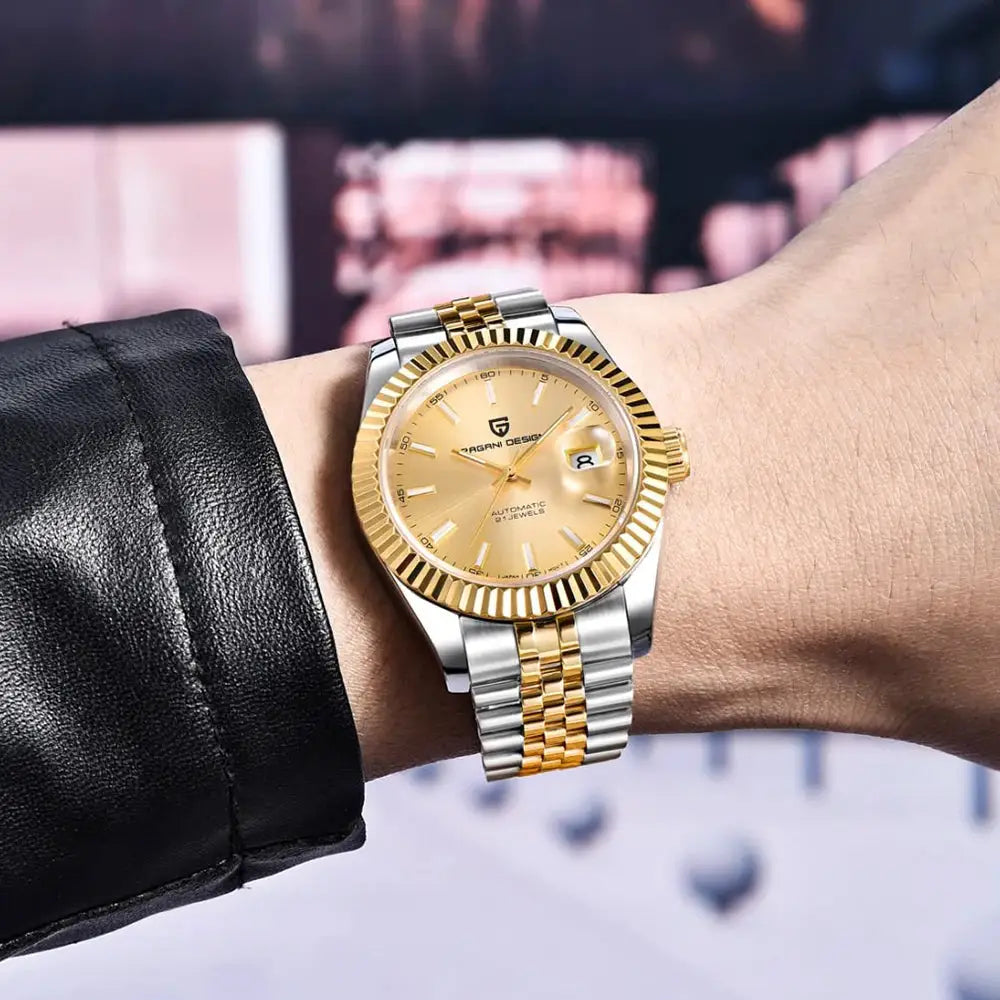 PAGANI DESIGN men's luxury automatic watch with gold dial, date window, and two-tone Jubilee bracelet