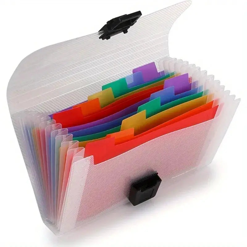Simples Market A6 expanding file organizer with 13 colorful pockets and button closure, transparent document wallet