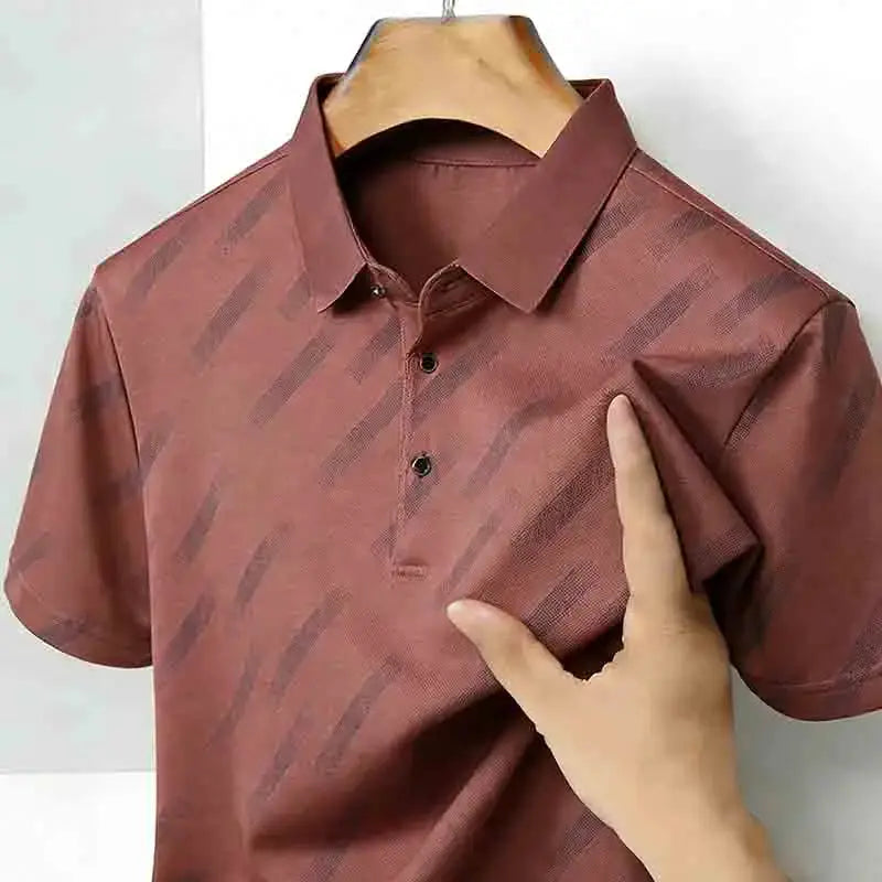 Men's polo shirt from Simples Market with lapel collar, rust diagonal striped print, short sleeves.