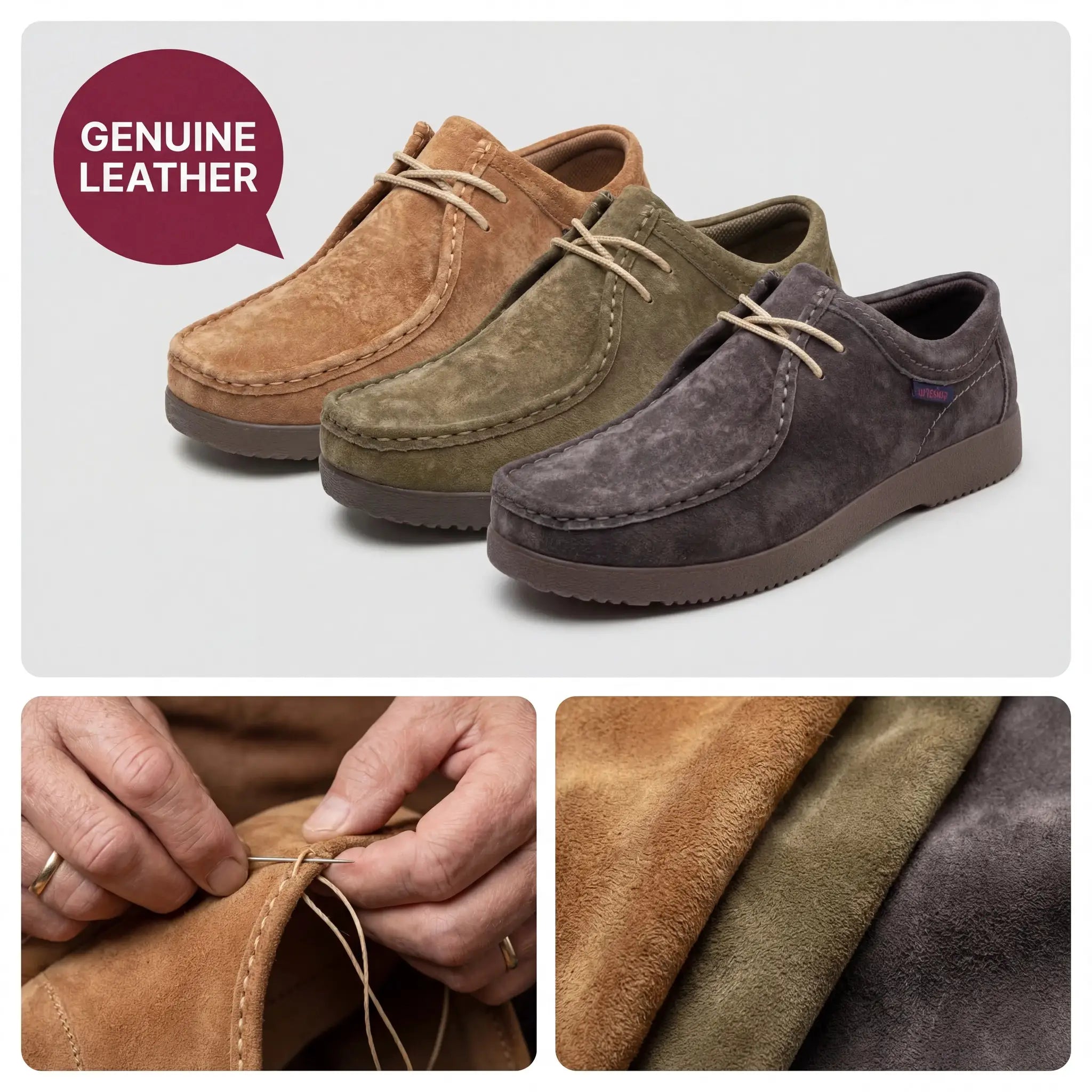 Mens suede loafers by Simples Market in tan, olive and gray; genuine leather, hand-sewn moccasin style (3 colors)